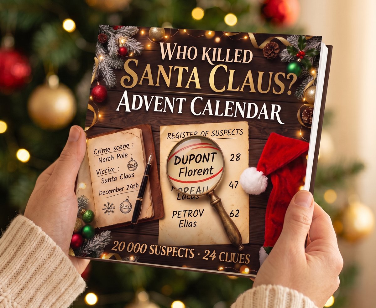 Hands holding the Who Killed Santa Claus Advent Calendar book in front of a Christmas tree
